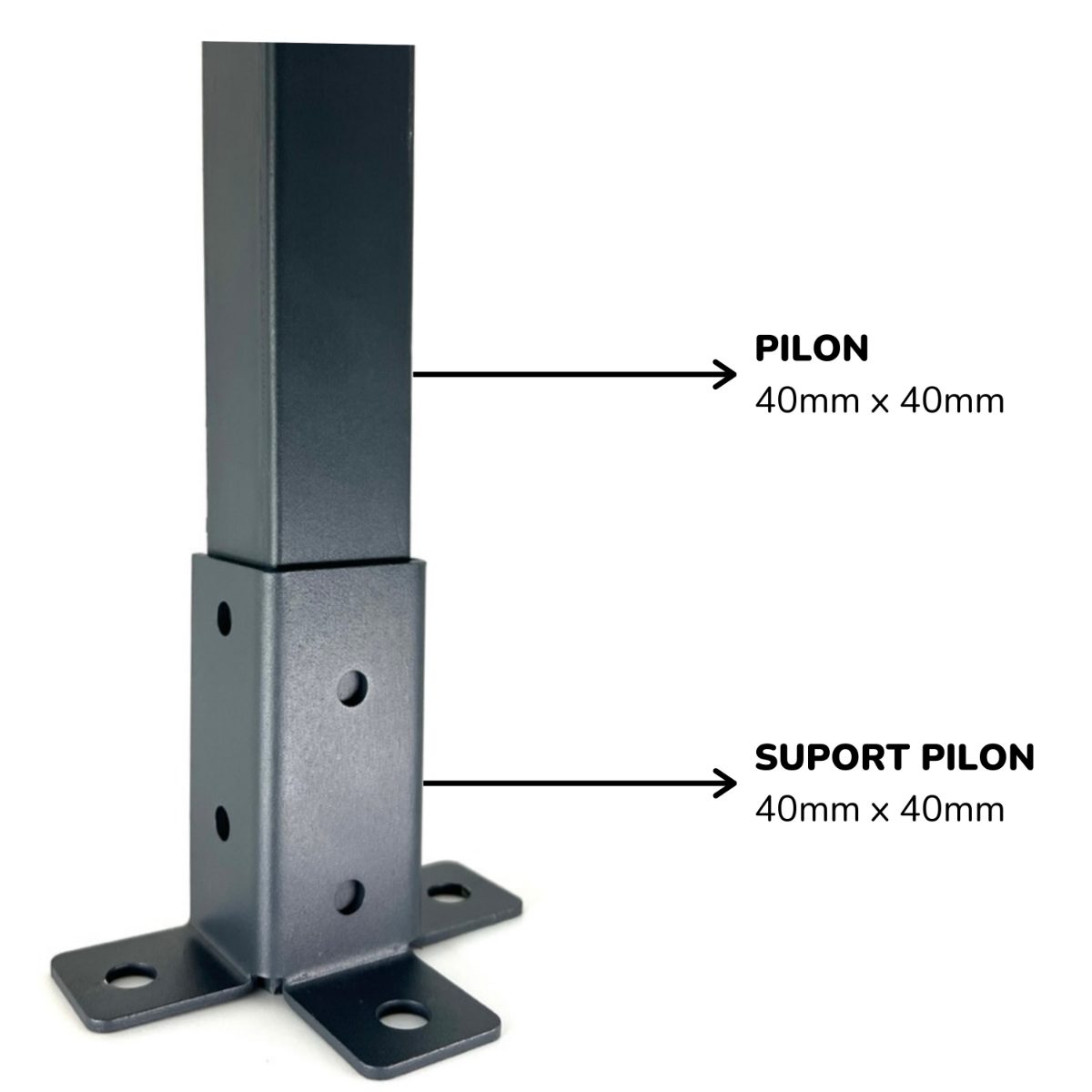 Pilon de 40 × 40 mm fixat în suportul de pilon gri grafit