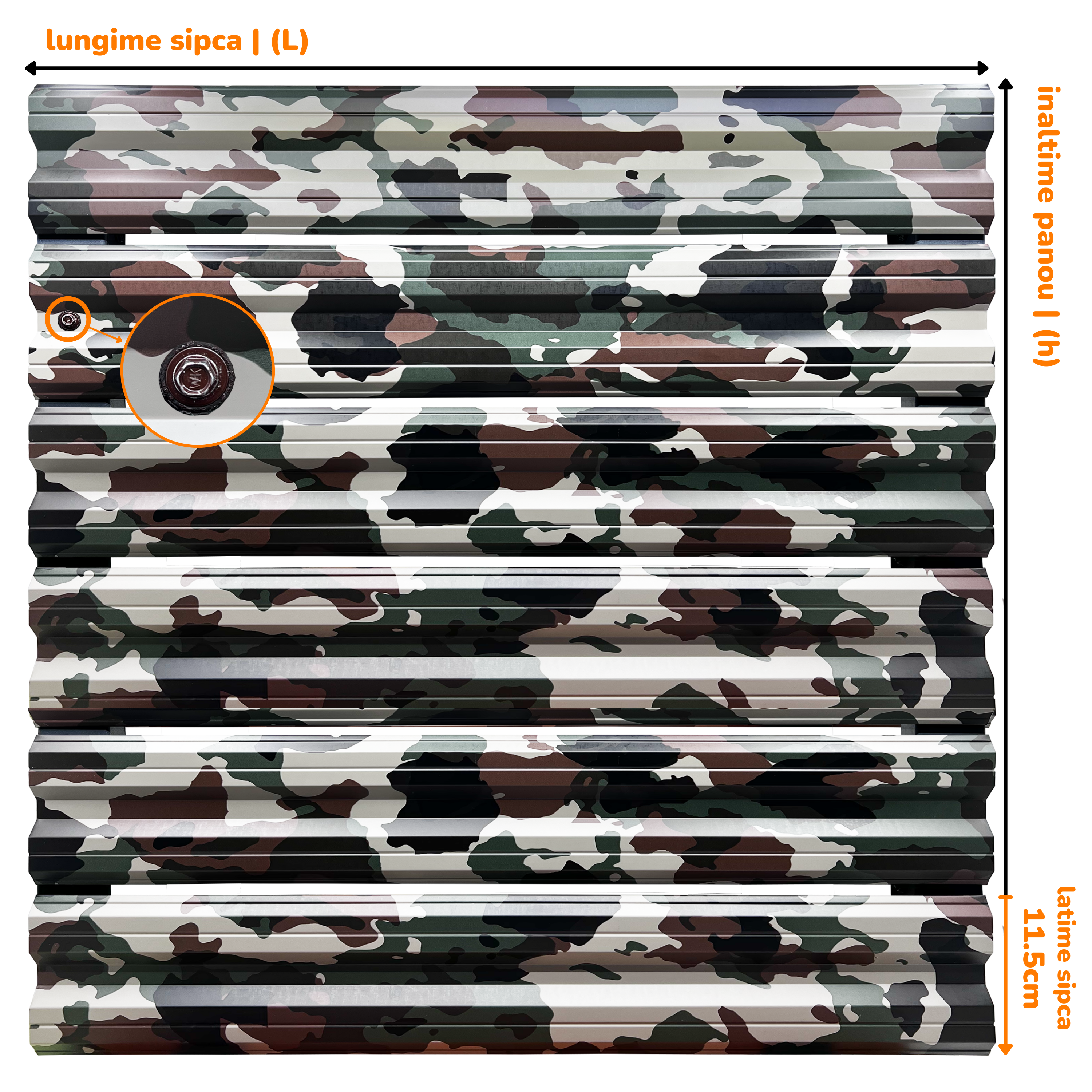 Prim-plan al modelului SIMETRICA Sipca Metalica cu finisaj de Print în culoare Camuflaj, disponibil pe www.sipca.ro, fabricat de Top Profil Sistem.