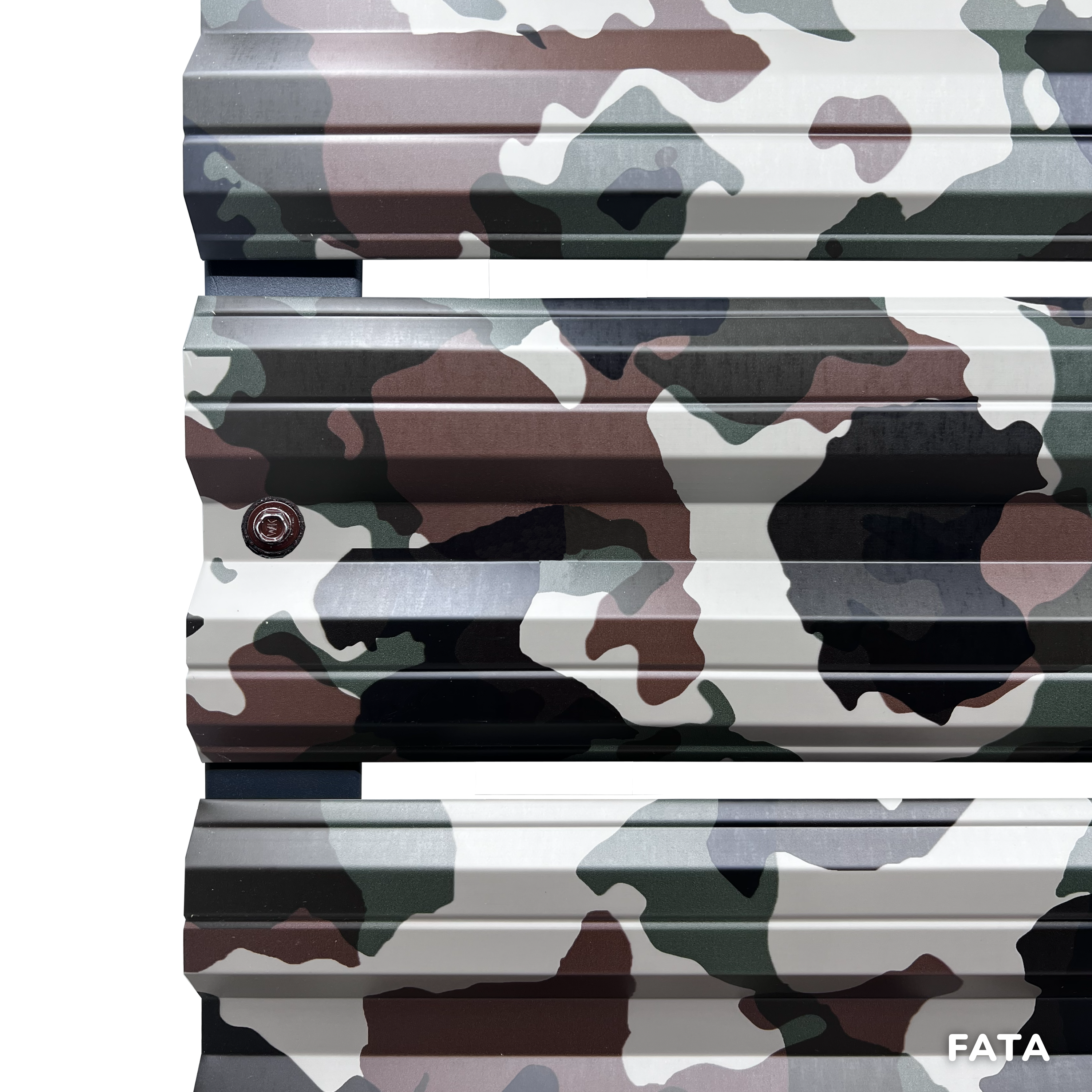 Prim-plan al modelului SIMETRICA Sipca Metalica cu finisaj de Print în culoare Camuflaj, disponibil pe www.sipca.ro, fabricat de Top Profil Sistem.