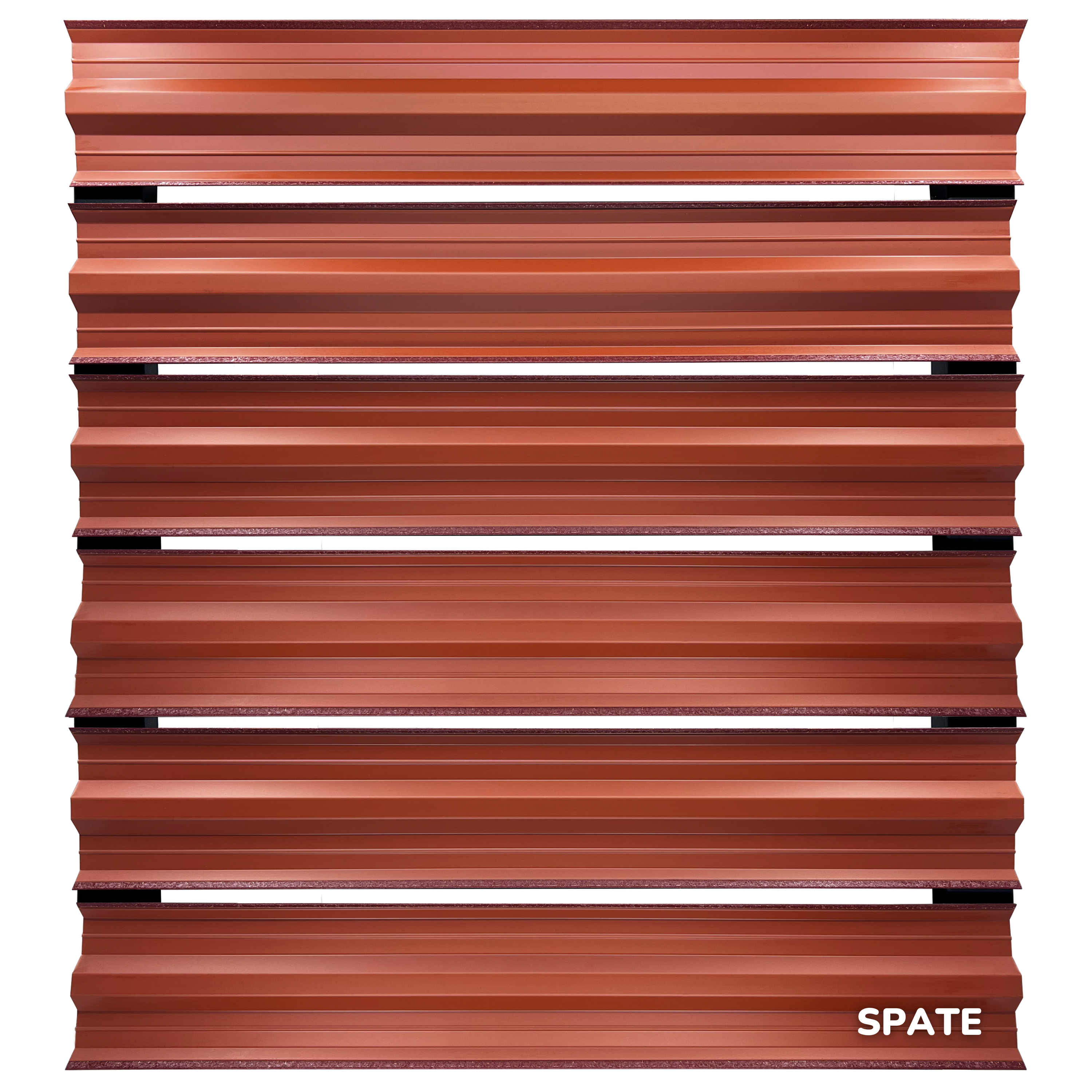 Prim-plan al modelului SIMETRICA Sipca Metalica cu finisaj de Hi-Mat în culoare Cărămidă Roșie RAL 3009, disponibil pe www.sipca.ro, fabricat de Top Profil Sistem.