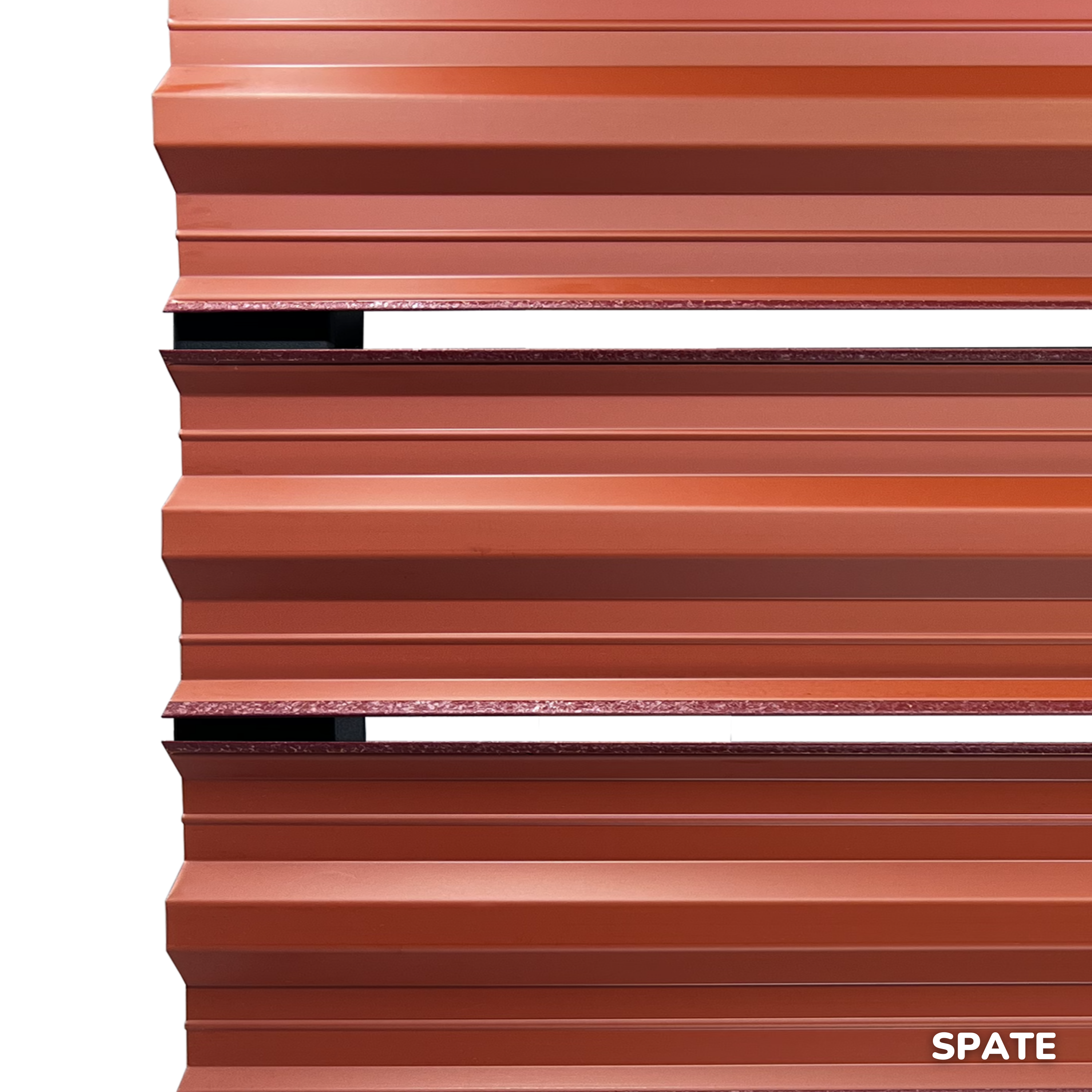 Prim-plan al modelului SIMETRICA Sipca Metalica cu finisaj de Hi-Mat în culoare Cărămidă Roșie RAL 3009, disponibil pe www.sipca.ro, fabricat de Top Profil Sistem.