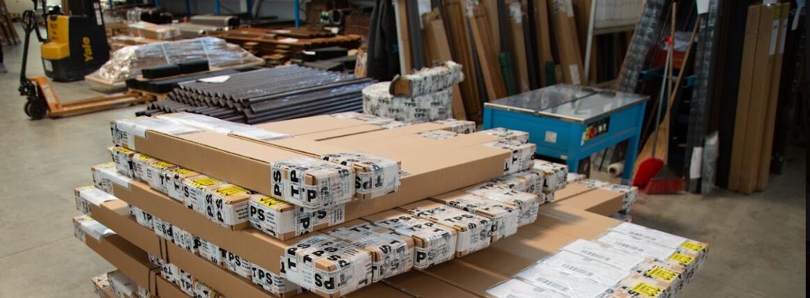 Colete TPS în cutii de carton, stivuite pe palet în depozit